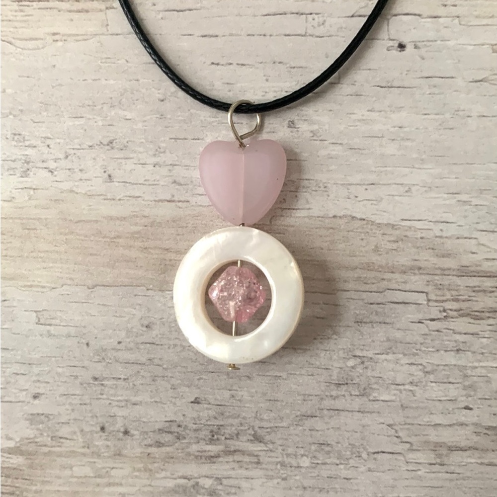 Pink Heart Seaglass Marble Round Stone Women’s Necklace Handmade 90s Jewelry NEW